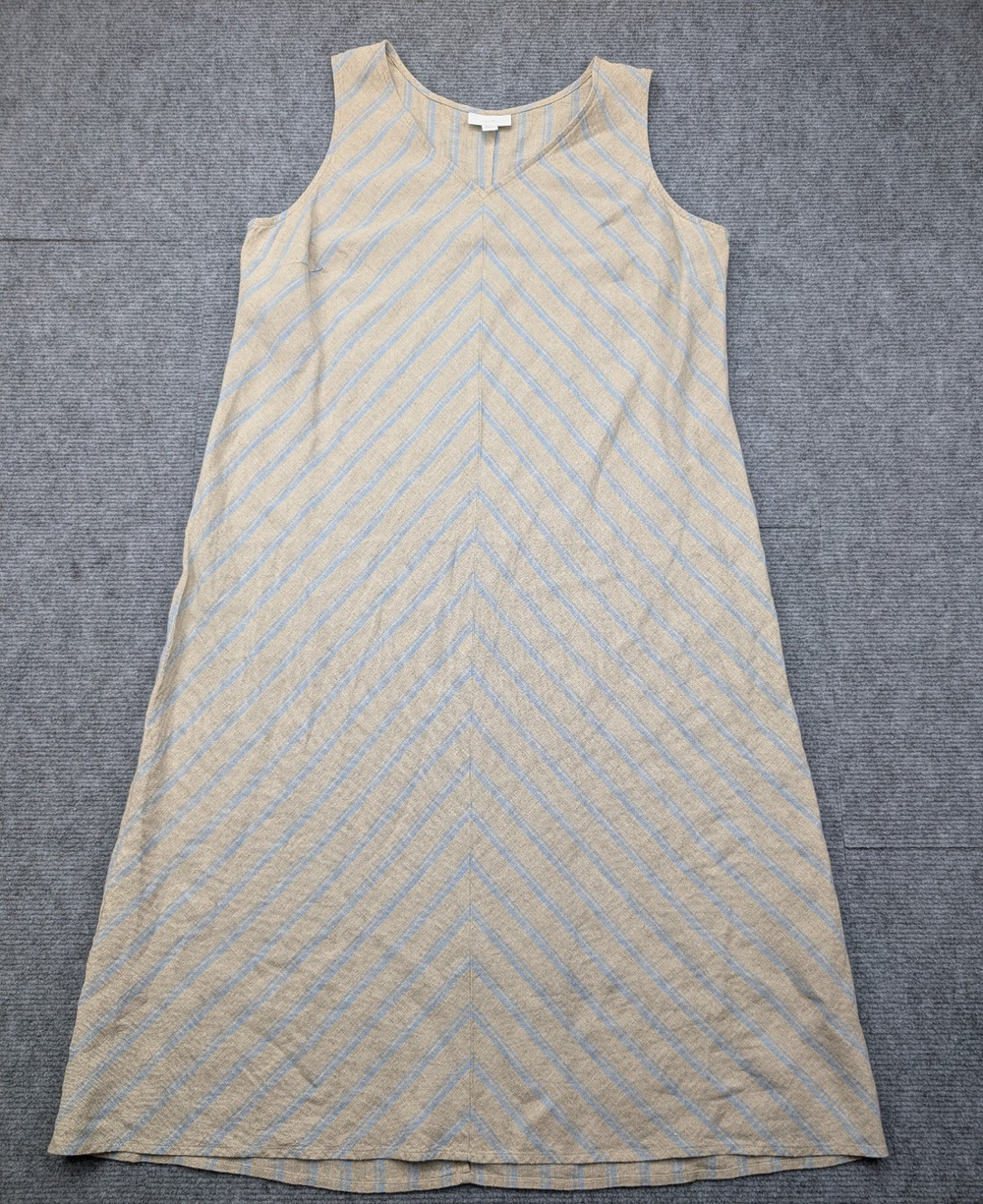 J Jill Linen Dress Womens Medium Petite Coastal Relaxed Brown Chevron Shift